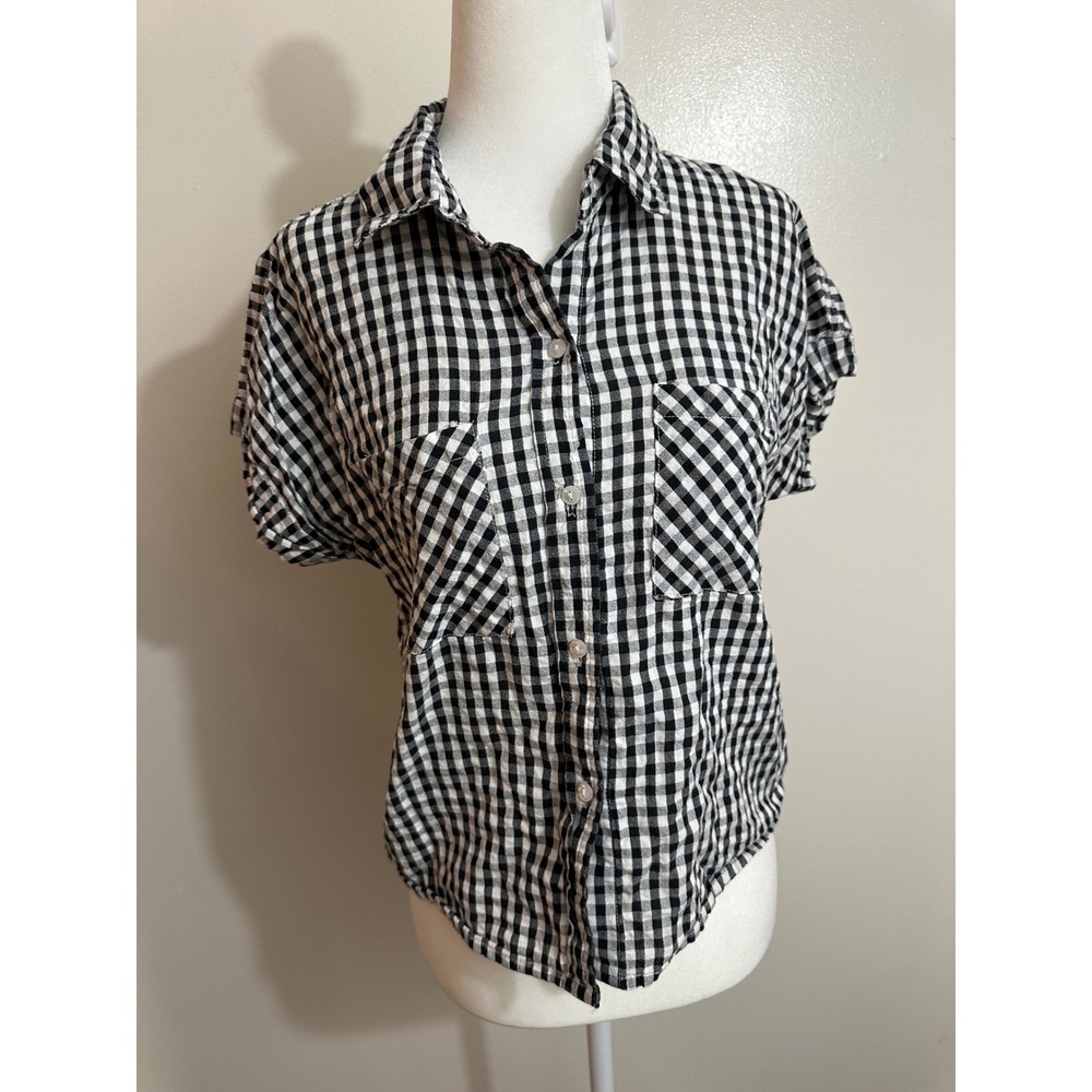 Sim & Sam Womens Black White Gingham Cotton Short Sleeve Button Up Shirt Medium